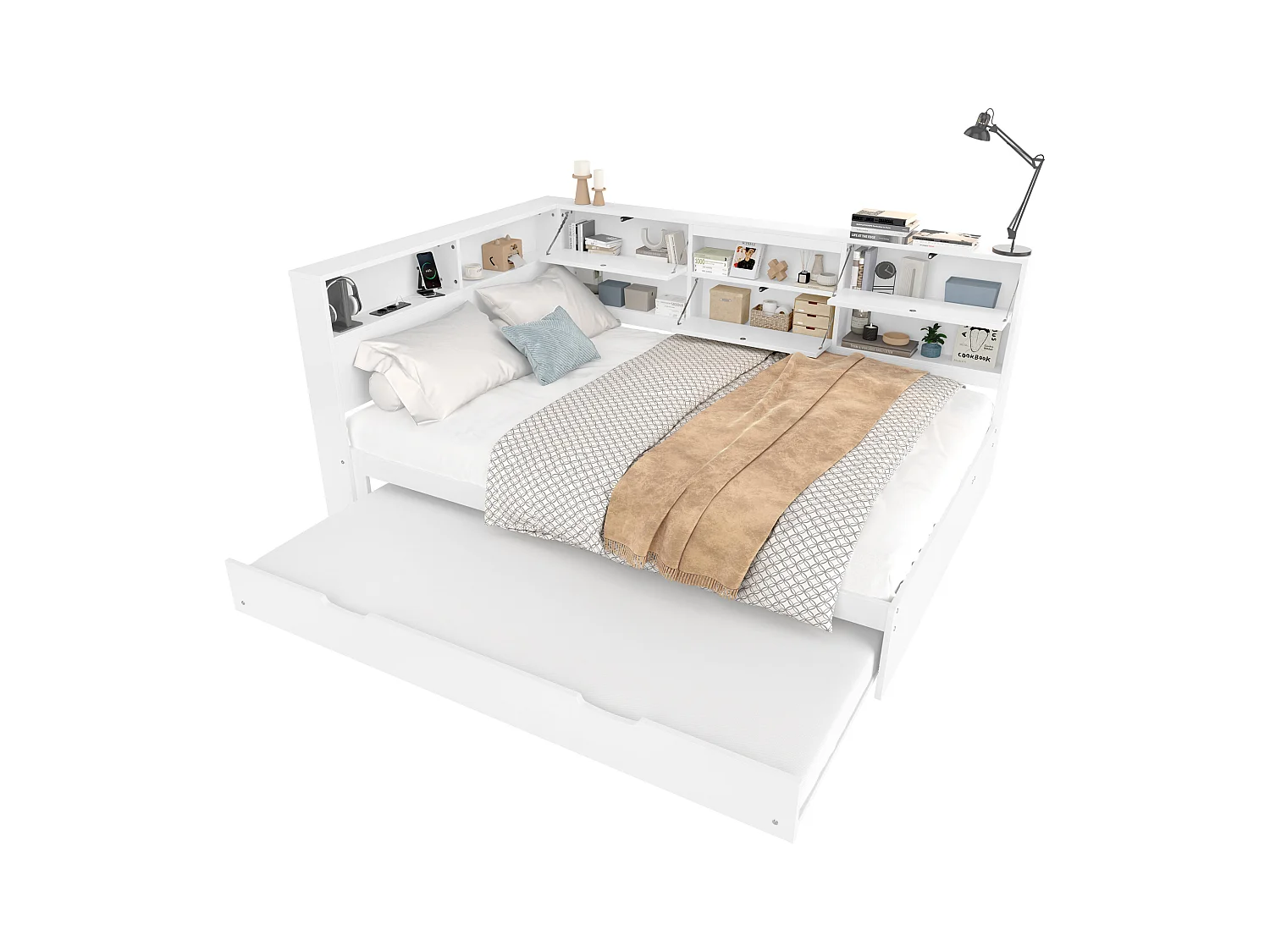 Divano letto a scomparsa, 140x200 cm, testiera con contenitore integrato, pino e MDF, bianco (216,5x160,5x88,5cm)