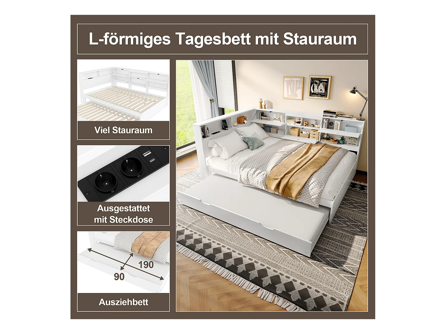 Divano letto a scomparsa, 140x200 cm, testiera con contenitore integrato, pino e MDF, bianco (216,5x160,5x88,5cm)