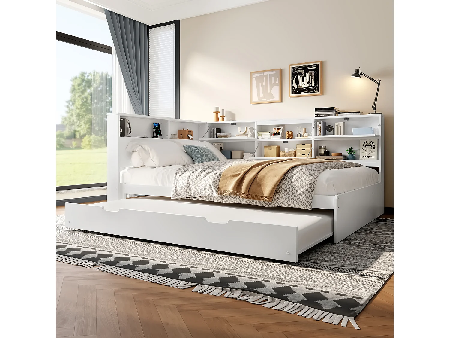 Canapé-lit escamotable, 140x200 cm, tête de lit avec rangement intégré, pin et MDF, blanc (216.5x160.5x88.5cm)