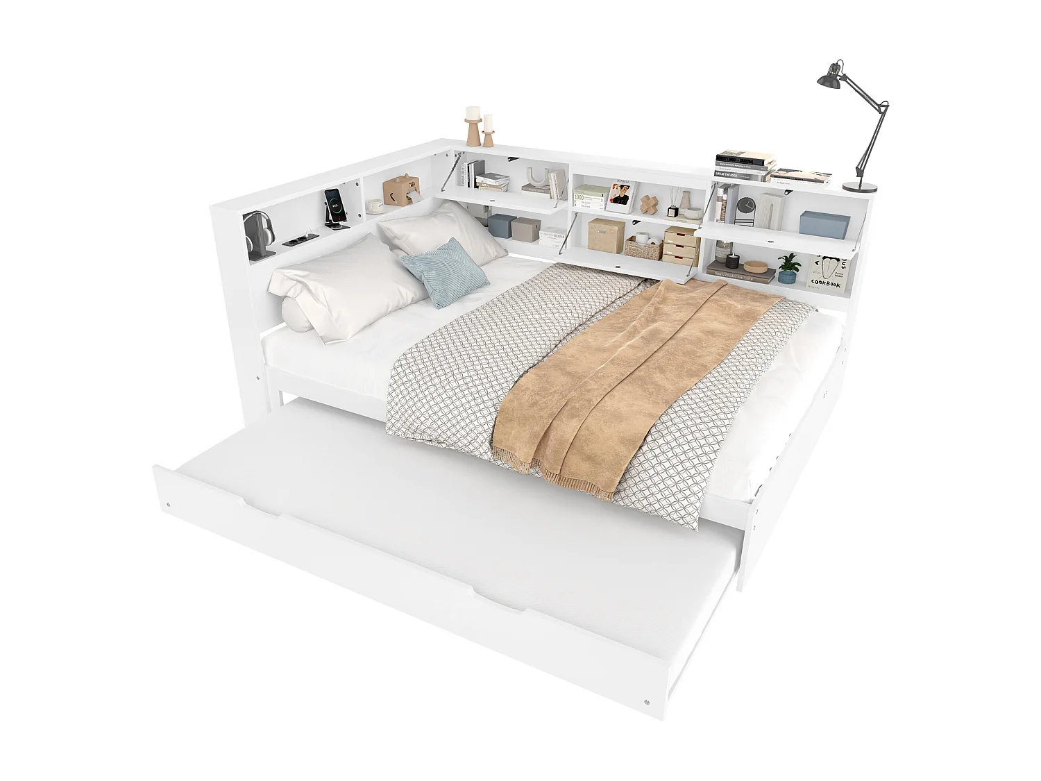 Canapé-lit escamotable, 140x200 cm, tête de lit avec rangement intégré, pin et MDF, blanc (216.5x160.5x88.5cm)