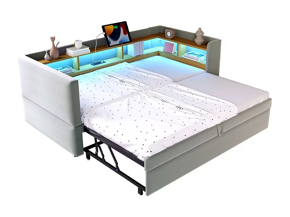 Canapé-lit convertible multifonction, tissu flanelle, gris clair, avec LED et prises électriques (211x199x80 cm)