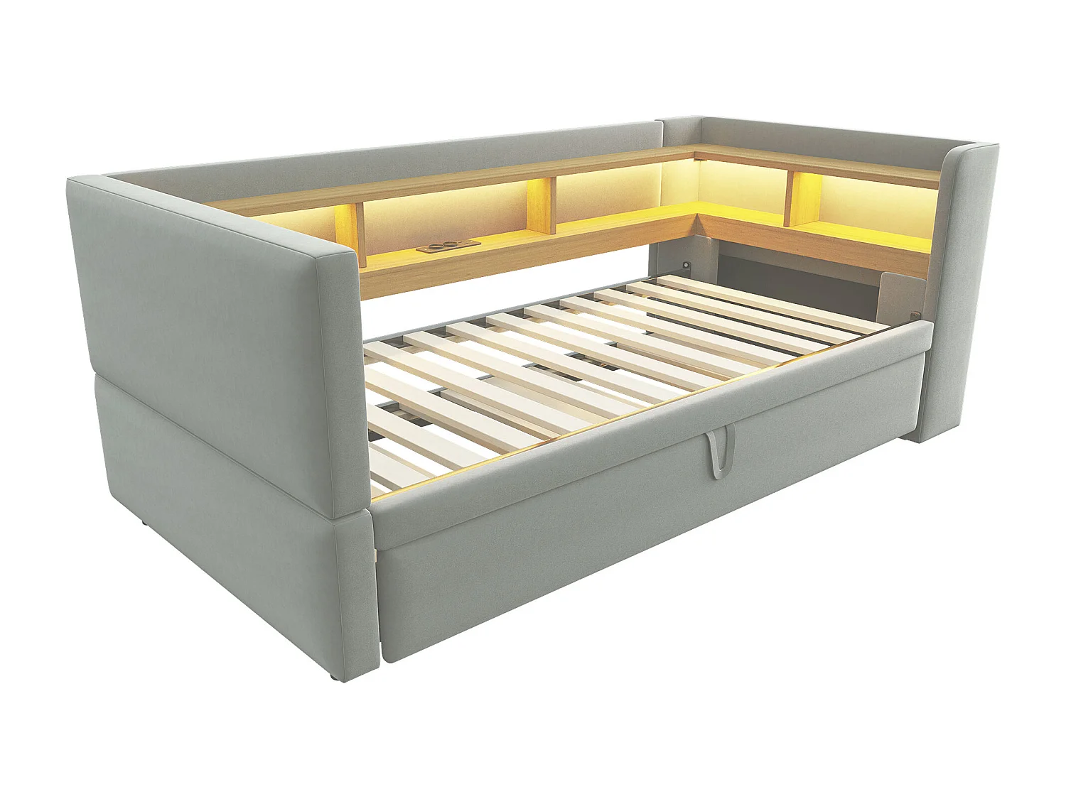 Canapé-lit convertible multifonction, tissu flanelle, gris clair, avec LED et prises électriques (211x199x80 cm)