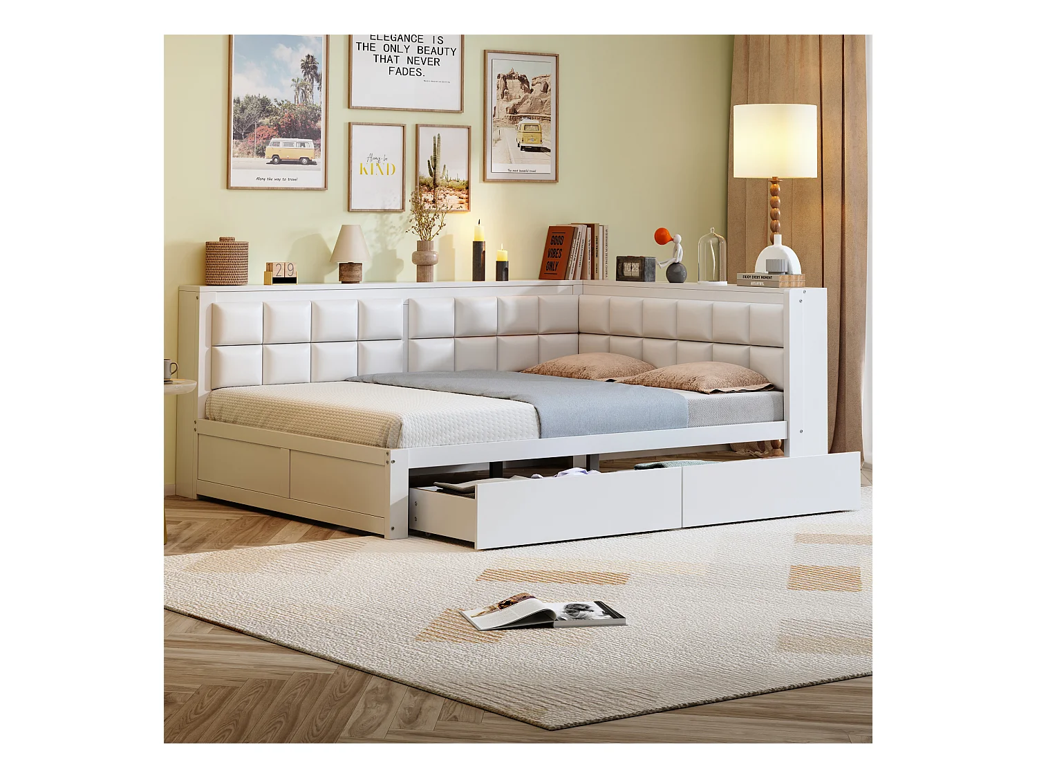 Multifunctionele houten slaapbank, gestoffeerde rugleuning, met opberglades, massief grenen, wit (140x200 cm)