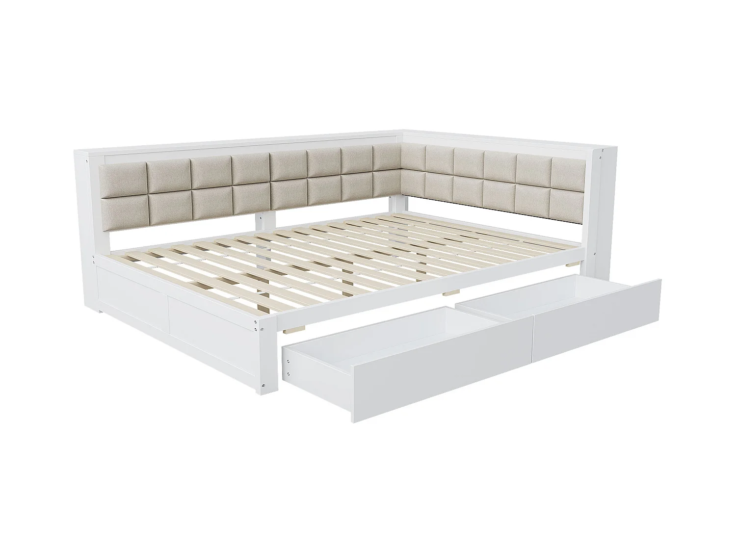 Multifunctionele houten slaapbank, gestoffeerde rugleuning, met opberglades, massief grenen, wit (140x200 cm)