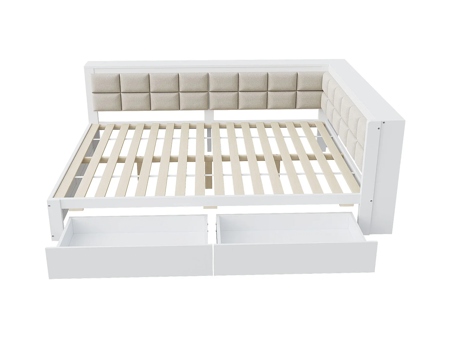 Multifunctionele houten slaapbank, gestoffeerde rugleuning, met opberglades, massief grenen, wit (140x200 cm)