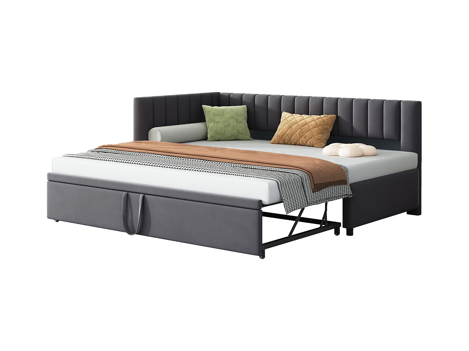 Canapé-lit multifonctionnel en forme de L avec extension, velours, gris, design compact (208x97.5x75cm)