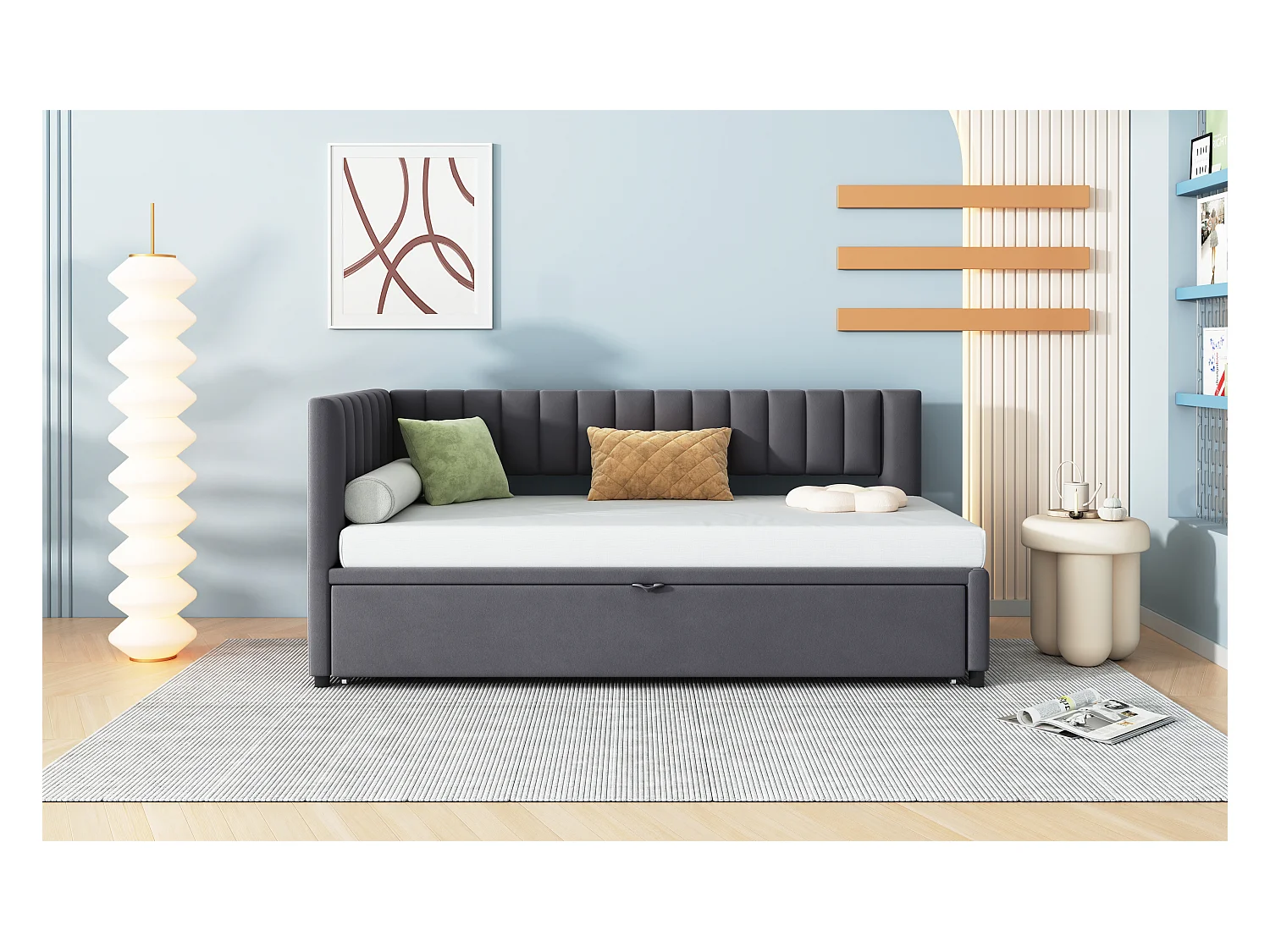 Canapé-lit multifonctionnel en forme de L avec extension, velours, gris, design compact (208x97.5x75cm)