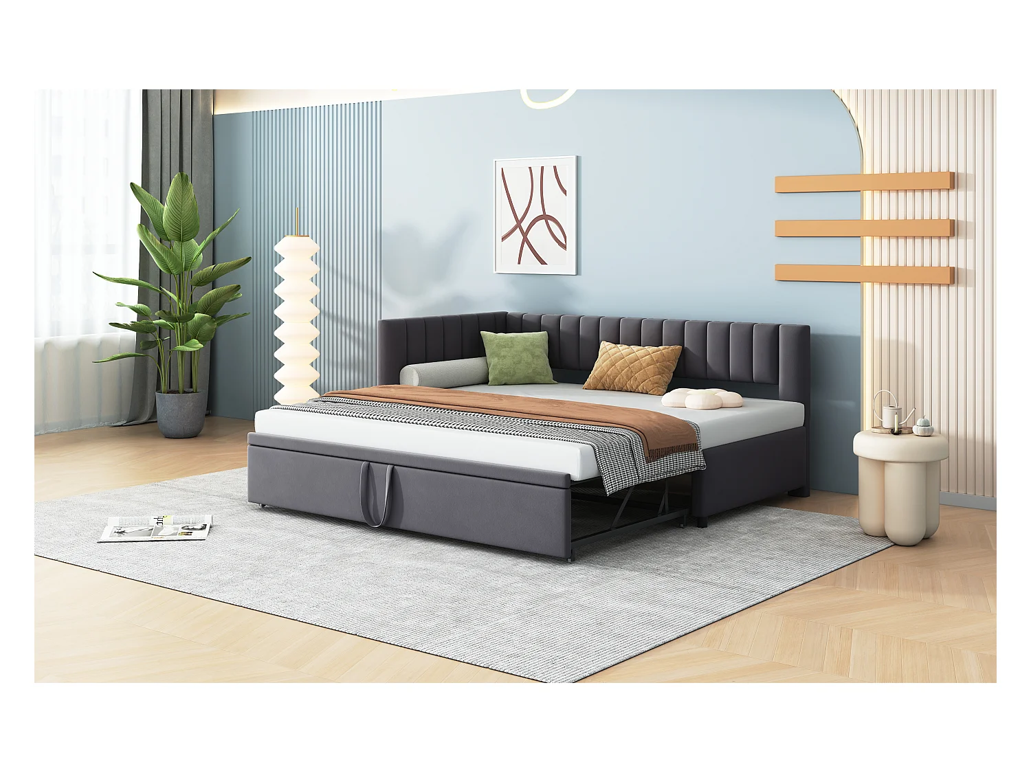 Canapé-lit multifonctionnel en forme de L avec extension, velours, gris, design compact (208x97.5x75cm)