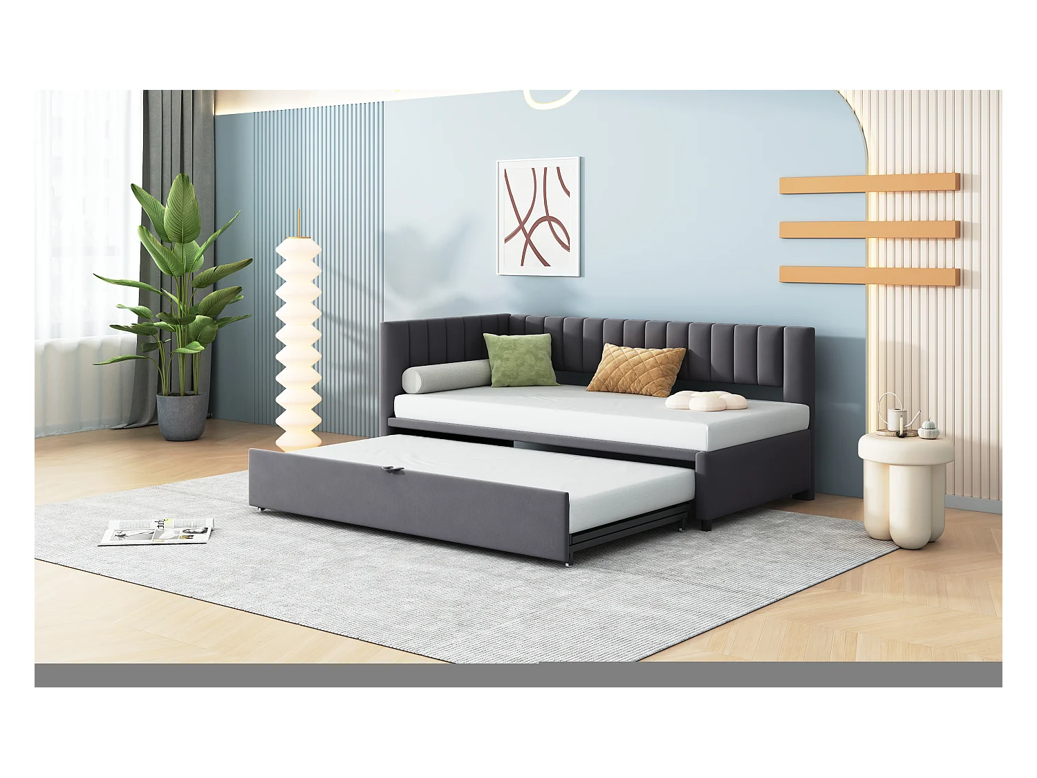 Canapé-lit multifonctionnel en forme de L avec extension, velours, gris, design compact (208x97.5x75cm)