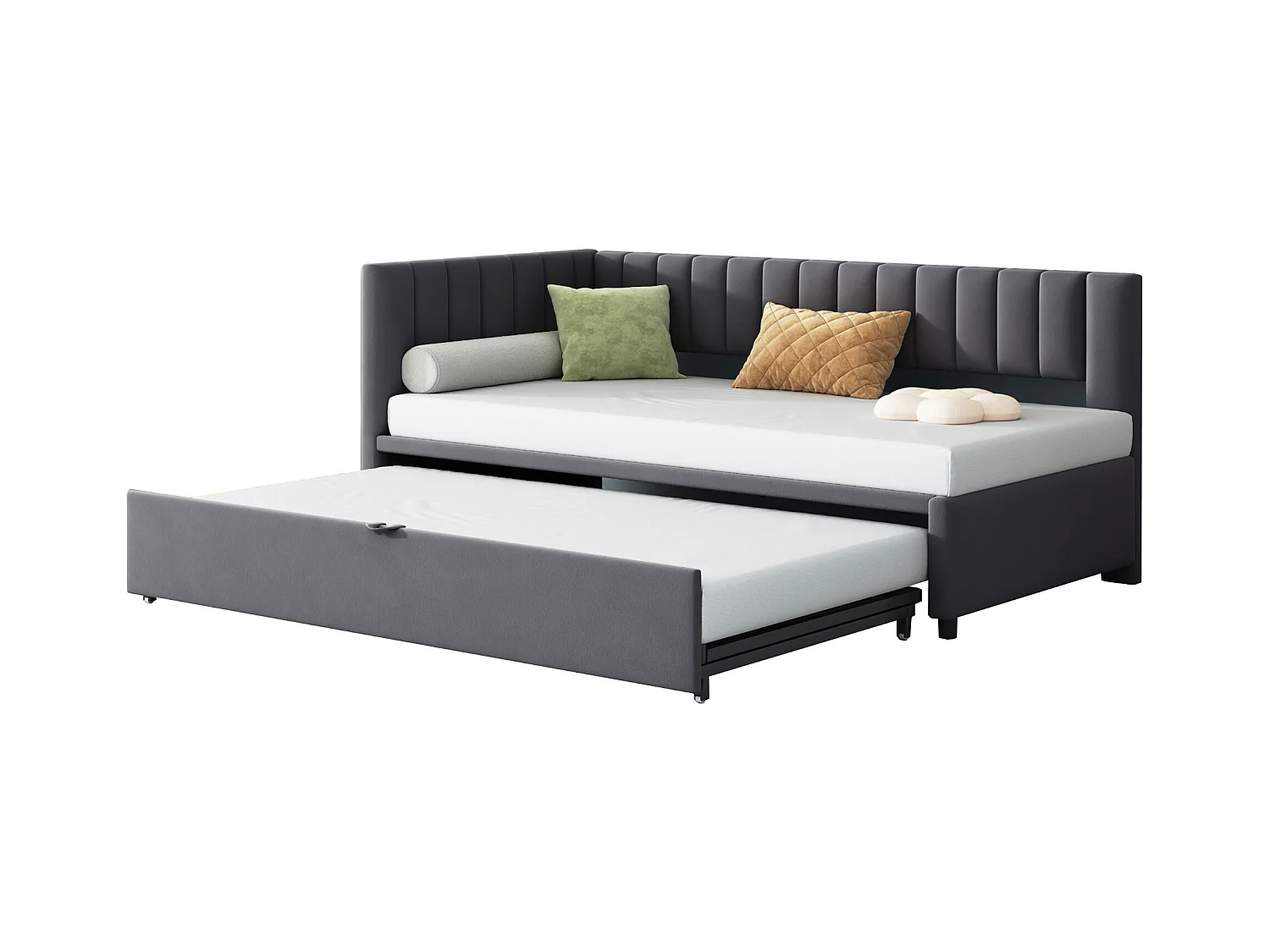 Canapé-lit multifonctionnel en forme de L avec extension, velours, gris, design compact (208x97.5x75cm)