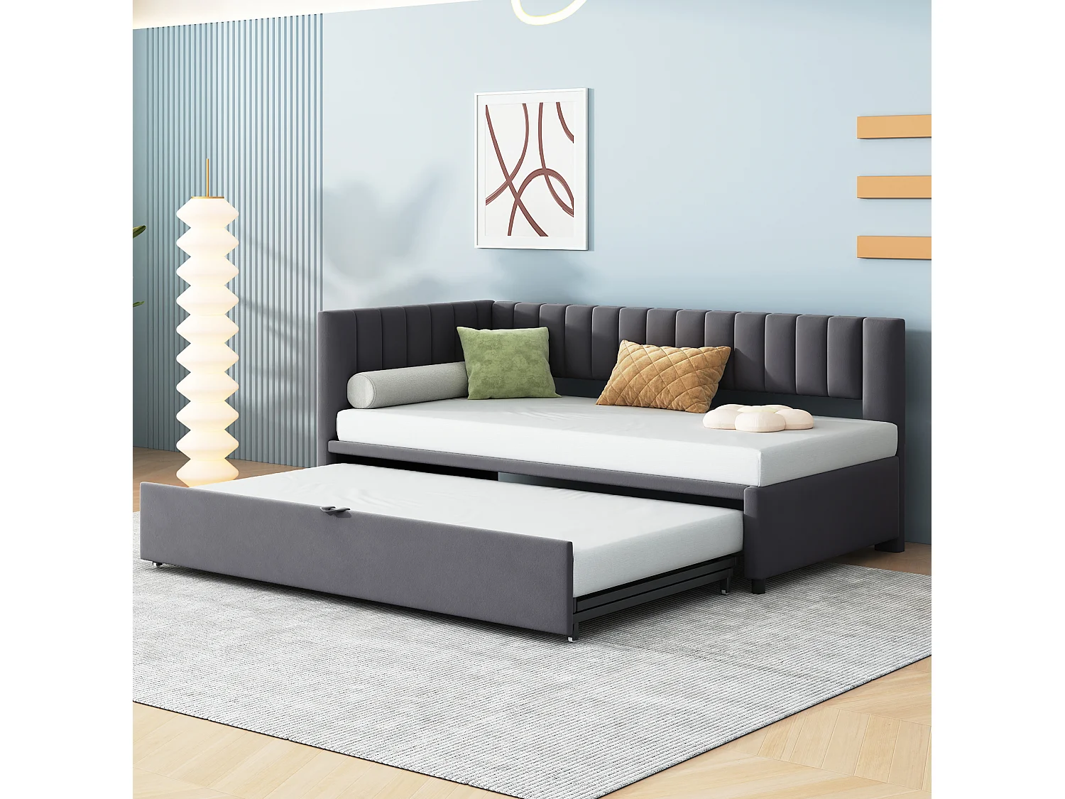 Canapé-lit multifonctionnel en forme de L avec extension, velours, gris, design compact (208x97.5x75cm)