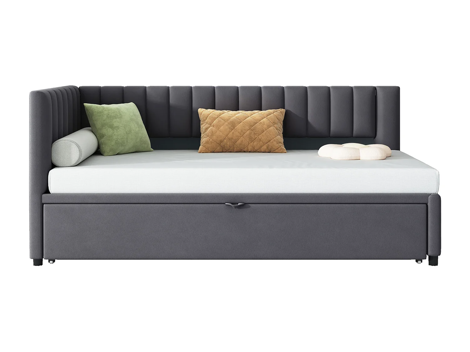 Canapé-lit multifonctionnel en forme de L avec extension, velours, gris, design compact (208x97.5x75cm)