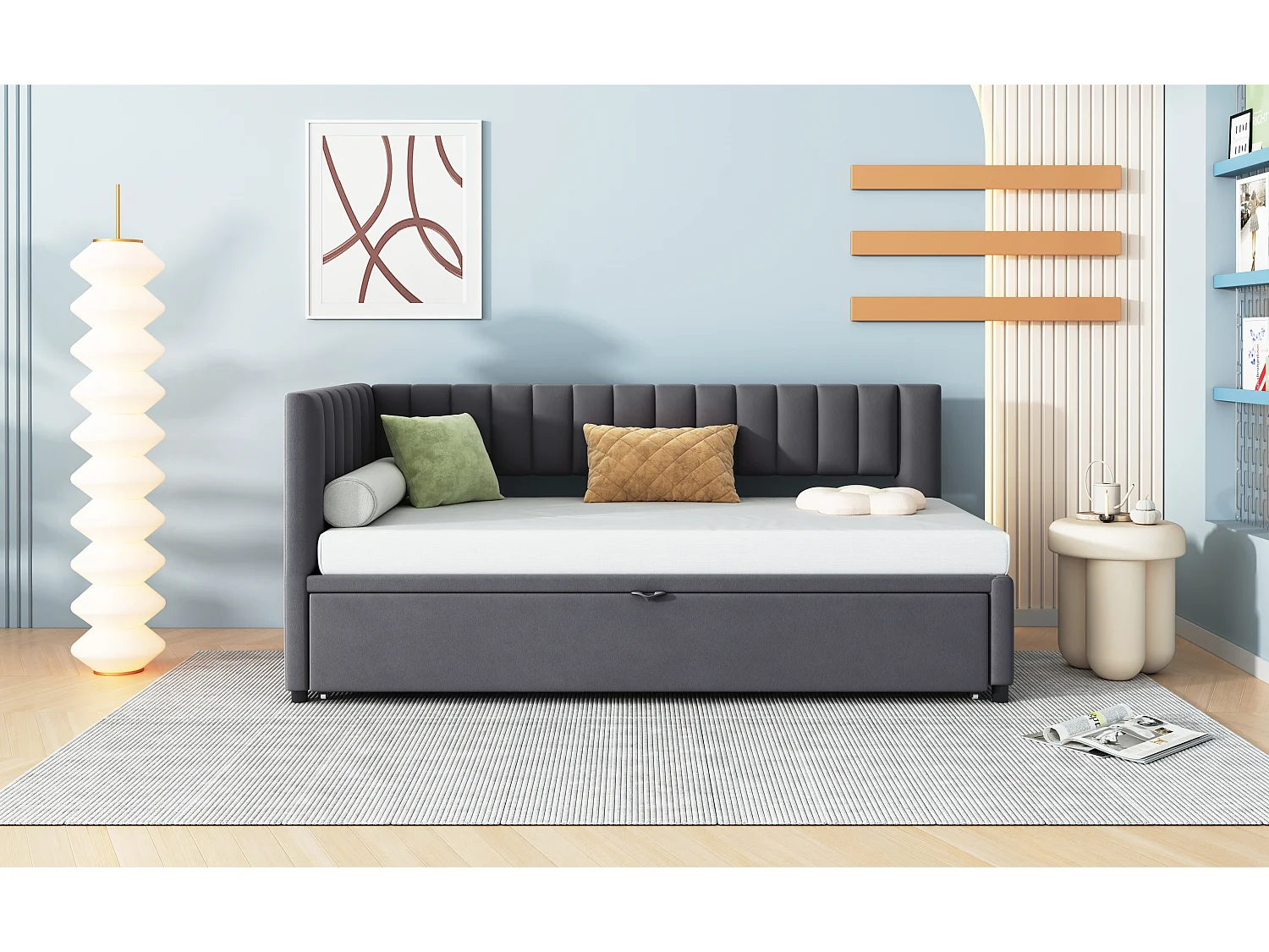 Canapé-lit multifonctionnel en forme de L avec extension, velours, gris, design compact (208x97.5x75cm)