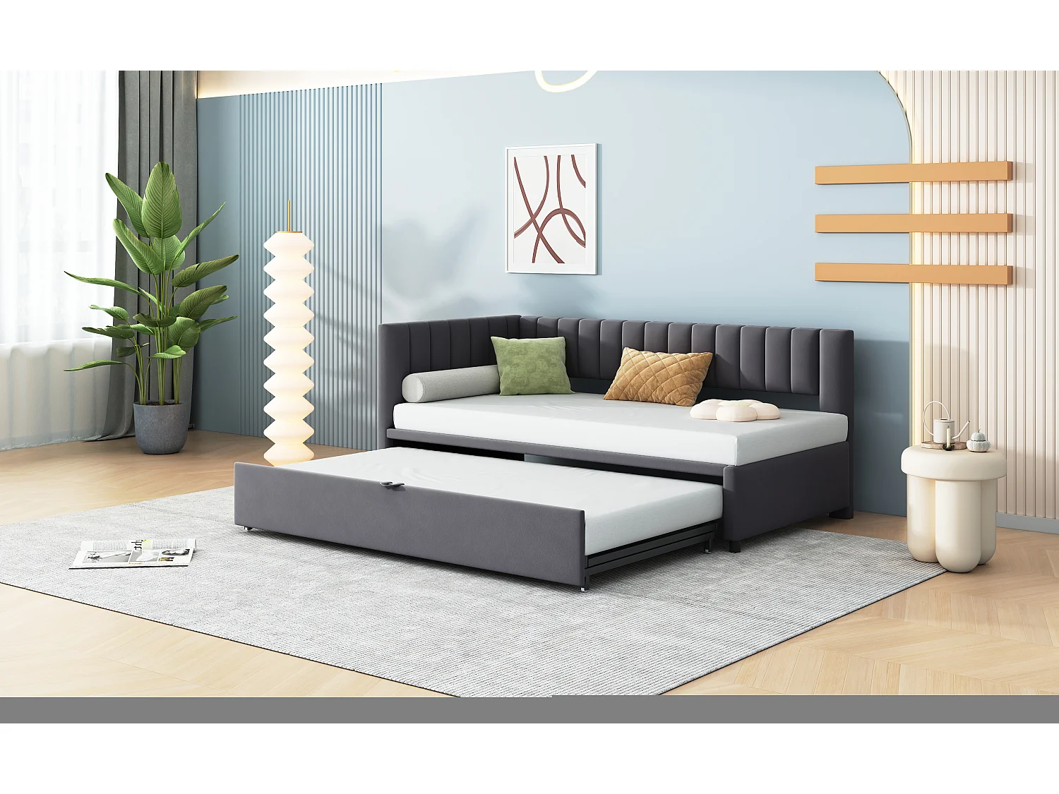 Canapé-lit multifonctionnel en forme de L avec extension, velours, gris, design compact (208x97.5x75cm)