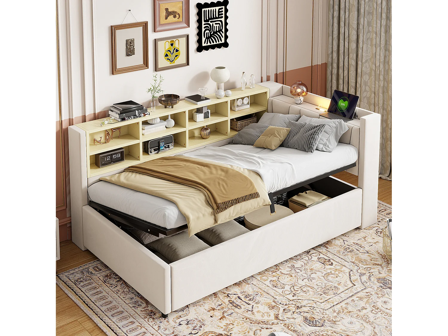 Canapé-lit velours multifonction, rangement hydraulique, LED, ports USB/Type-C, tête rembourrée, beige (90x200x81cm)