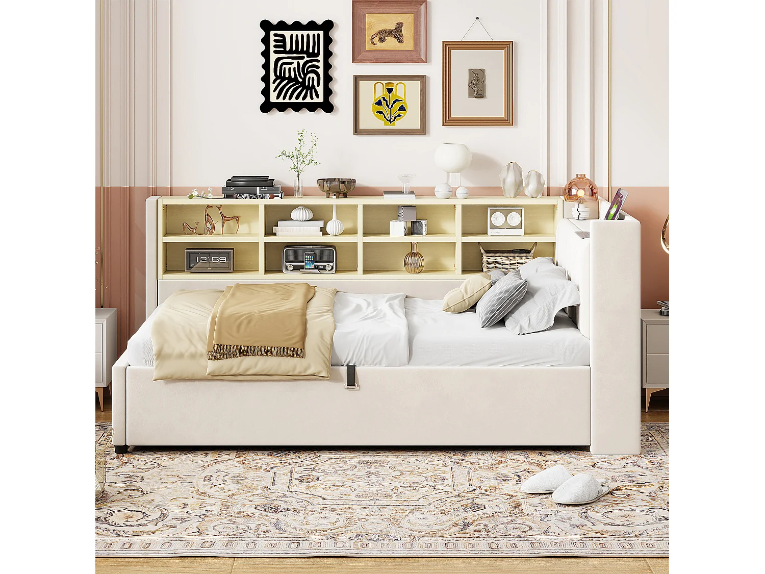 Canapé-lit velours multifonction, rangement hydraulique, LED, ports USB/Type-C, tête rembourrée, beige (90x200x81cm)