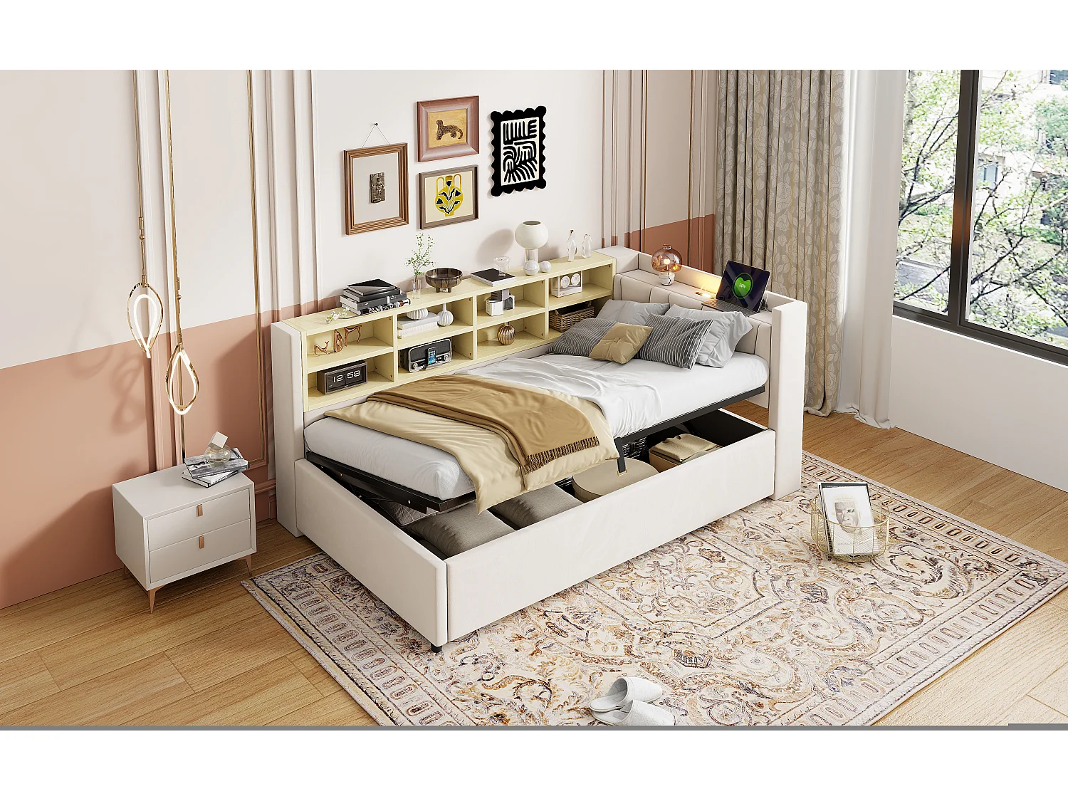 Canapé-lit velours multifonction, rangement hydraulique, LED, ports USB/Type-C, tête rembourrée, beige (90x200x81cm)