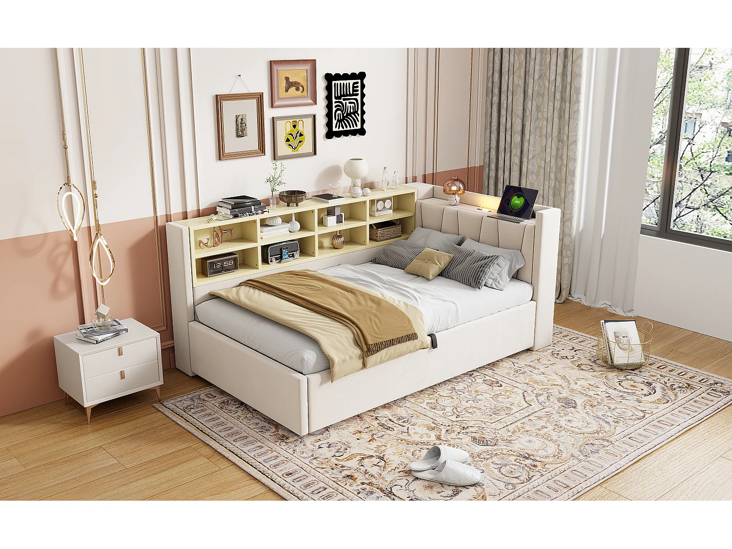 Canapé-lit velours multifonction, rangement hydraulique, LED, ports USB/Type-C, tête rembourrée, beige (90x200x81cm)