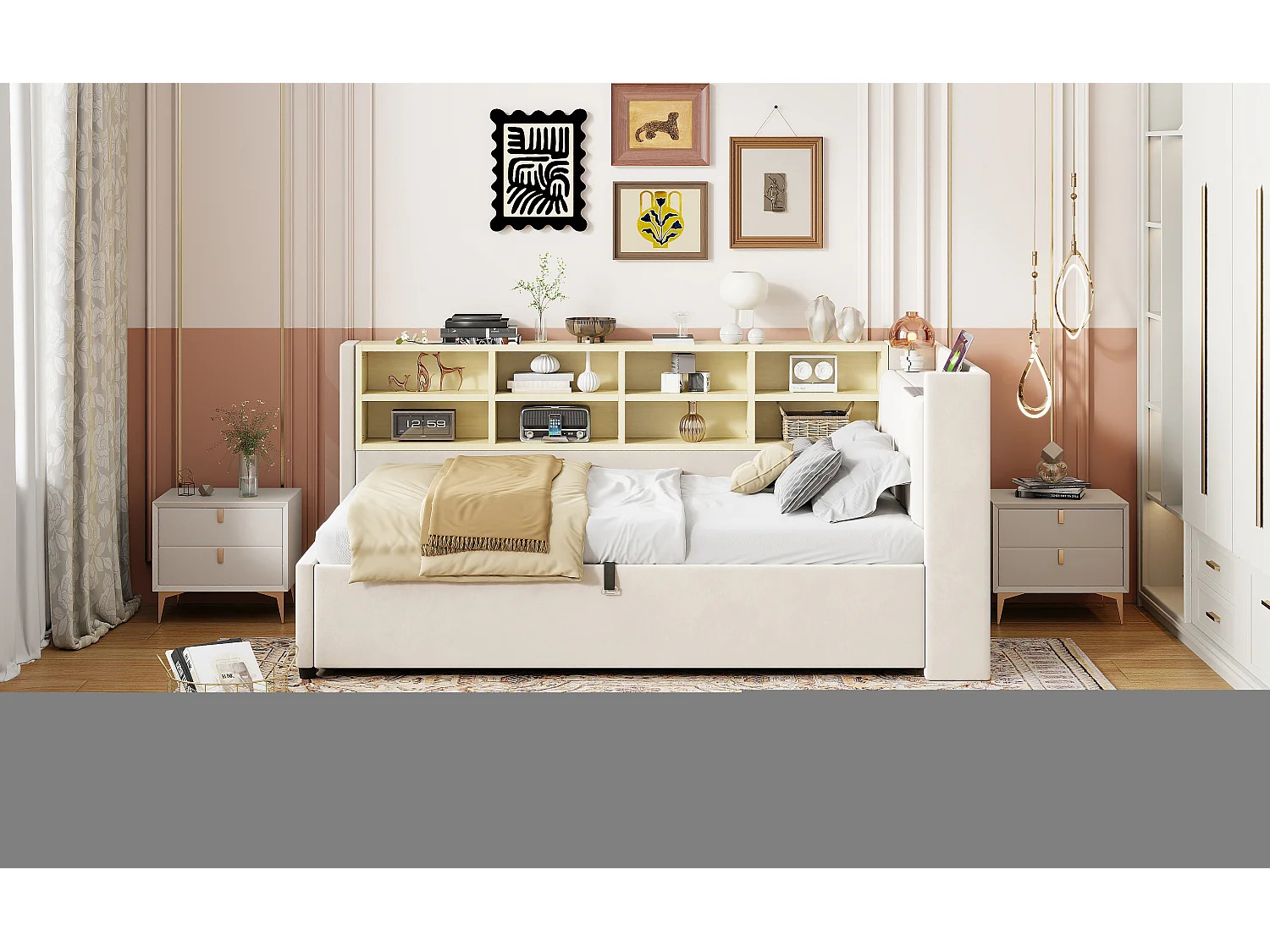 Canapé-lit velours multifonction, rangement hydraulique, LED, ports USB/Type-C, tête rembourrée, beige (90x200x81cm)