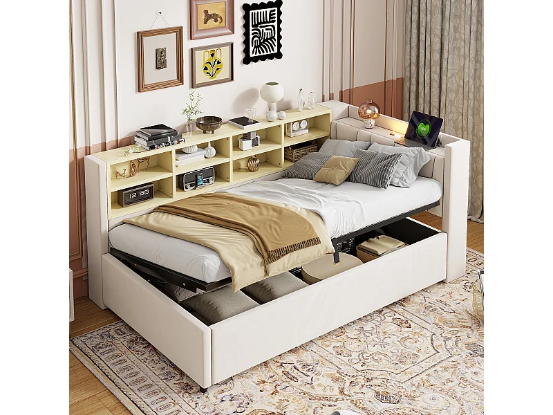 Canapé-lit velours multifonction, rangement hydraulique, LED, ports USB/Type-C, tête rembourrée, beige (90x200x81cm)