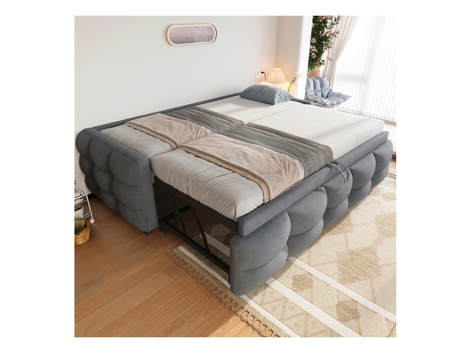 Canapé-lit extensible en velours teddy, multifonction, avec sommier à lattes, gris (90x180x190 cm)