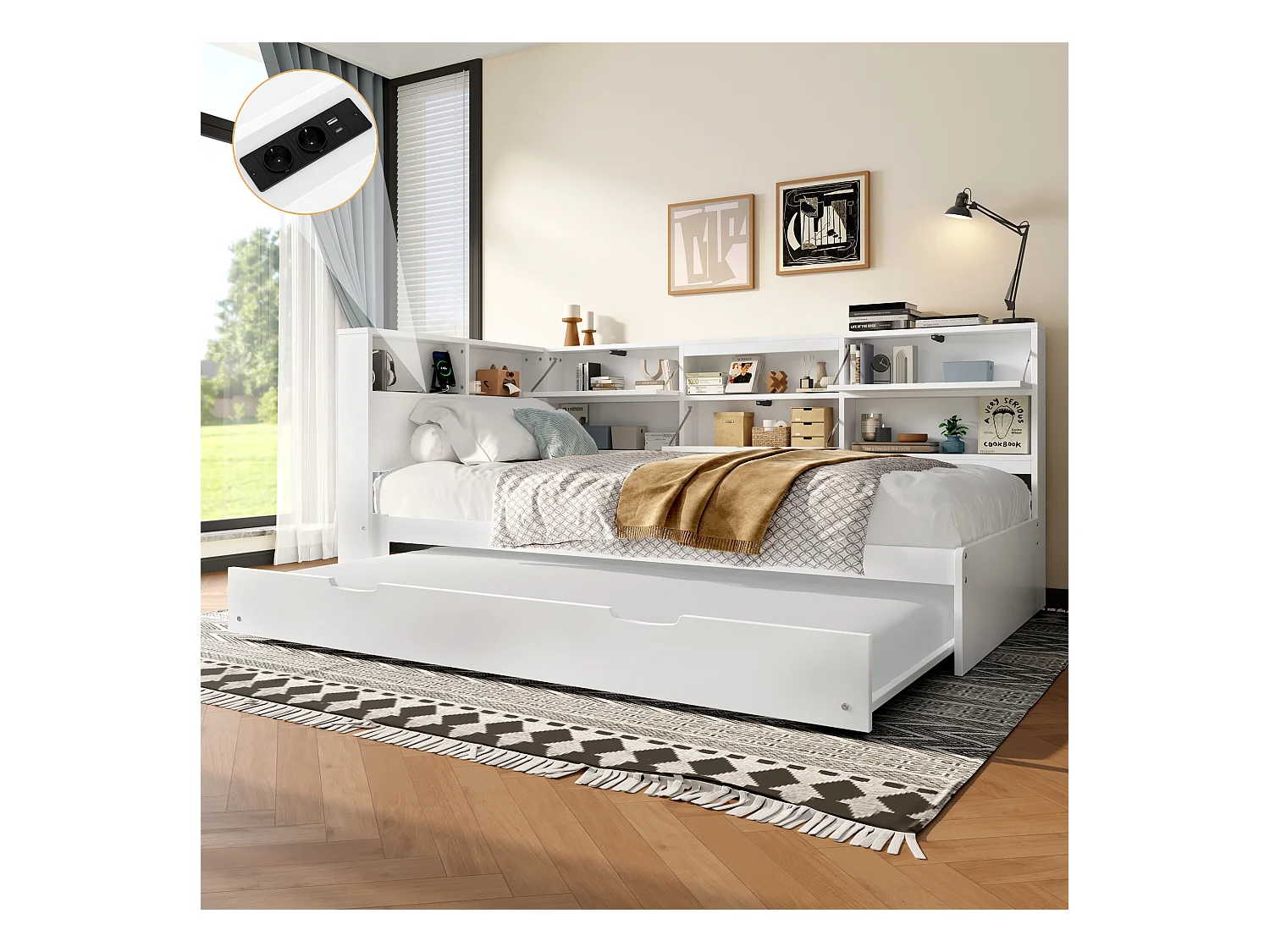 Divano letto estraibile dal design moderno con testiera e contenitore, in pino e MDF, bianco (216,5x110,5x88,5 cm)
