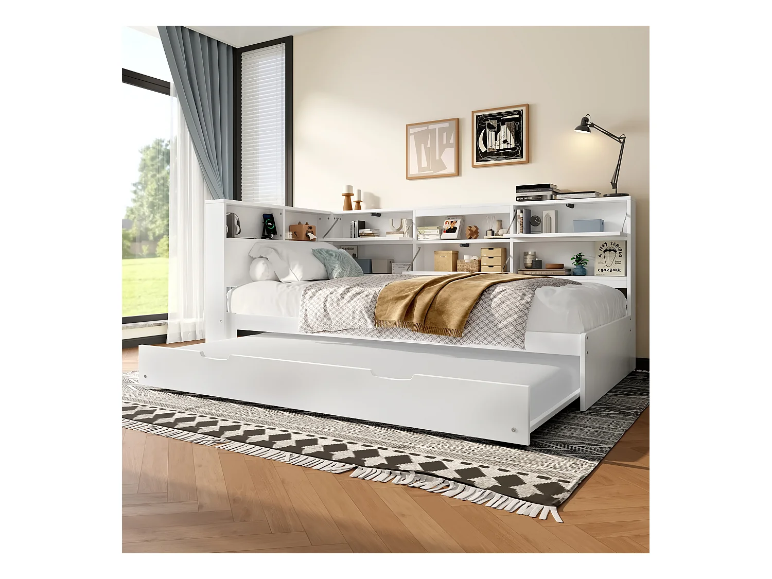 Divano letto estraibile dal design moderno con testiera e contenitore, in pino e MDF, bianco (216,5x110,5x88,5 cm)