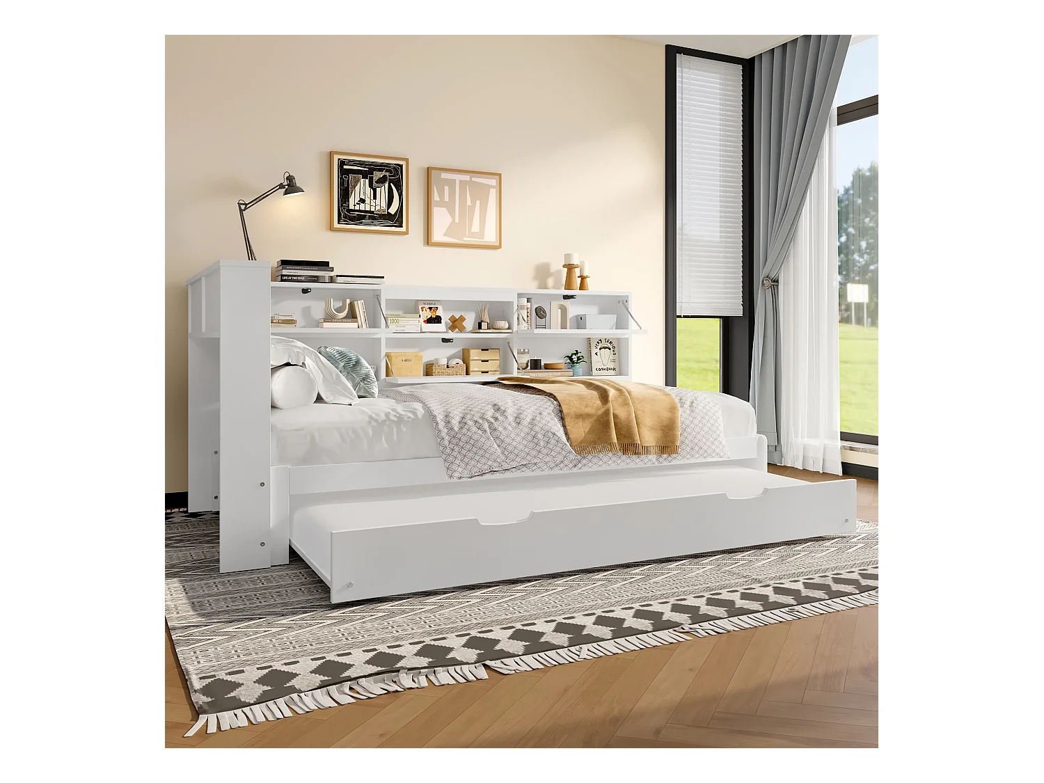 Canapé-lit escamotable, design moderne avec tête de lit et rangement, pin et MDF, blanc (216.5x110.5x88.5cm)