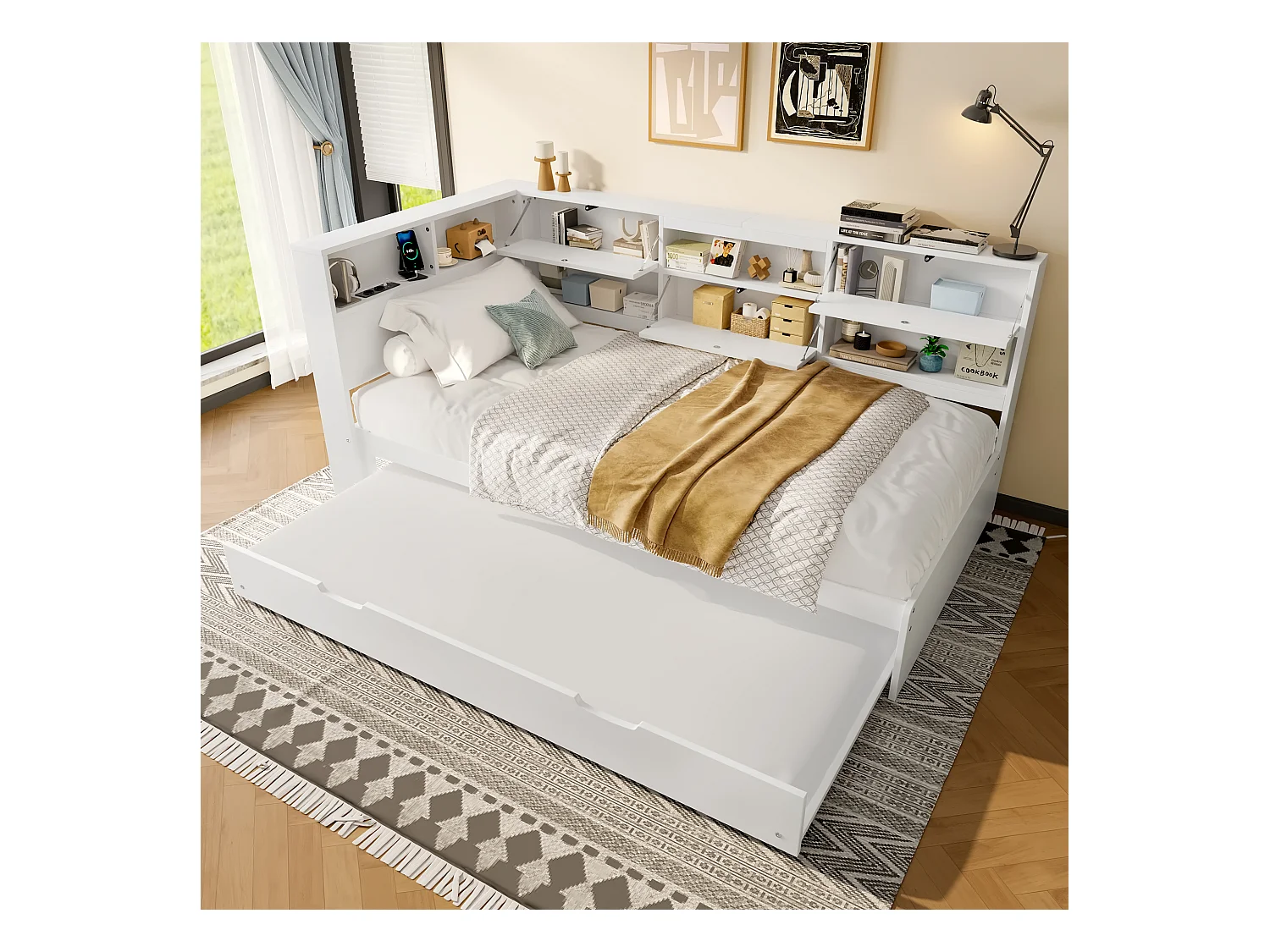 Canapé-lit escamotable, design moderne avec tête de lit et rangement, pin et MDF, blanc (216.5x110.5x88.5cm)