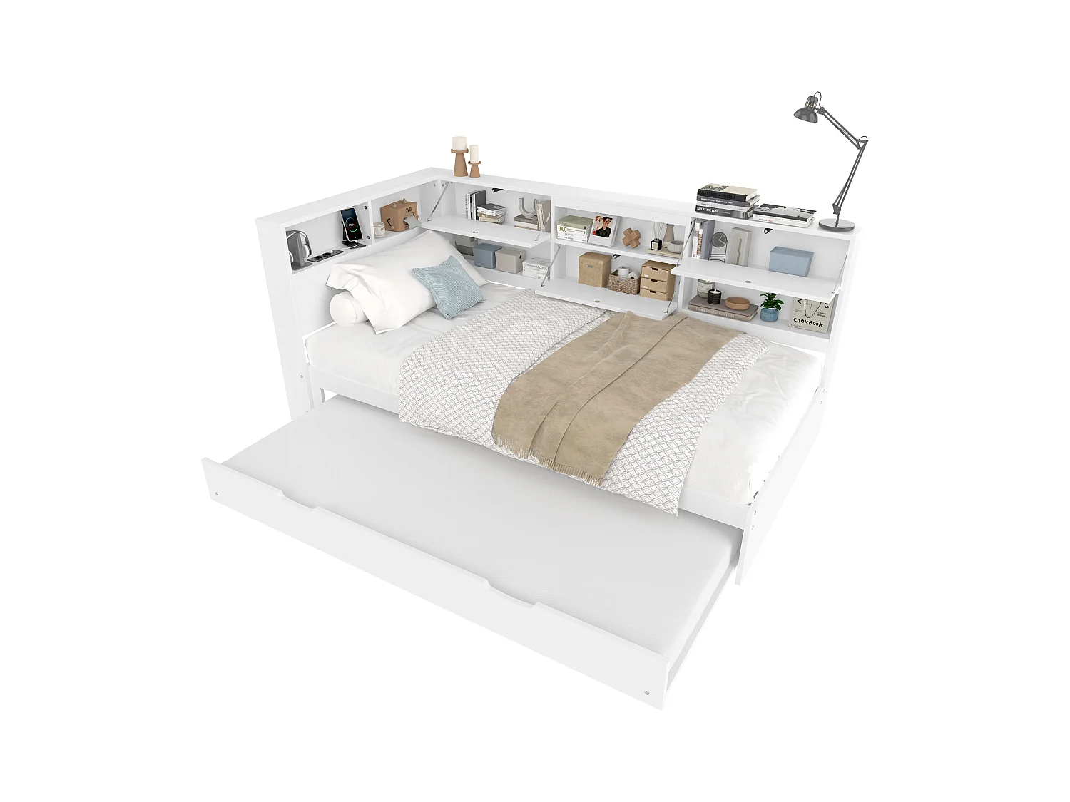 Canapé-lit escamotable, design moderne avec tête de lit et rangement, pin et MDF, blanc (216.5x110.5x88.5cm)