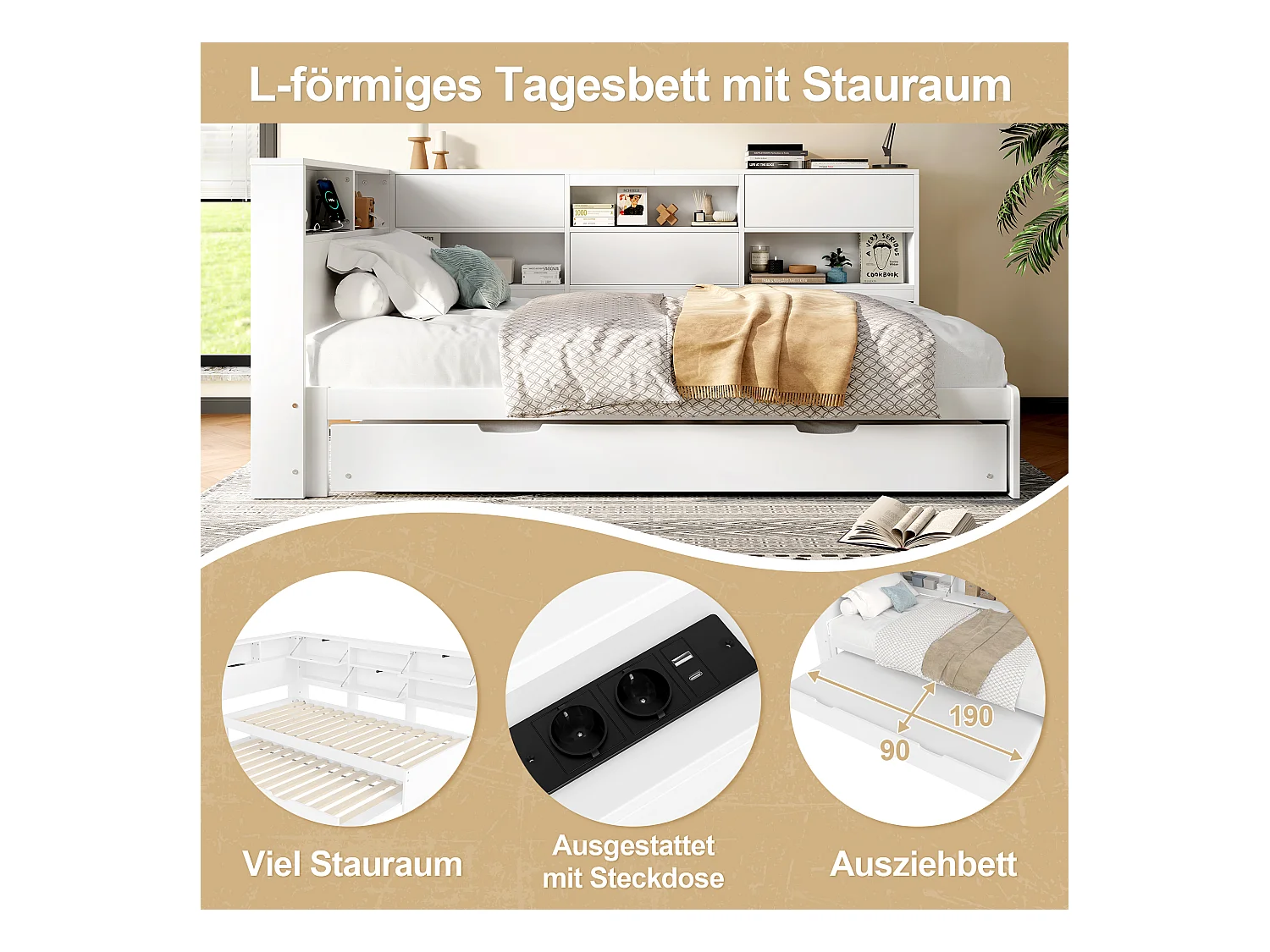 Canapé-lit escamotable, design moderne avec tête de lit et rangement, pin et MDF, blanc (216.5x110.5x88.5cm)