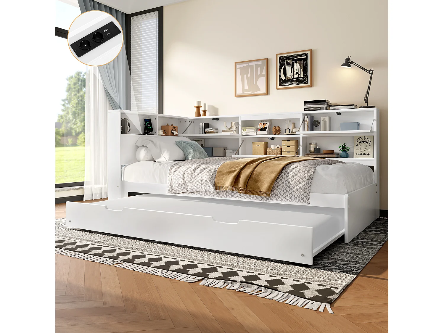 Canapé-lit escamotable, design moderne avec tête de lit et rangement, pin et MDF, blanc (216.5x110.5x88.5cm)