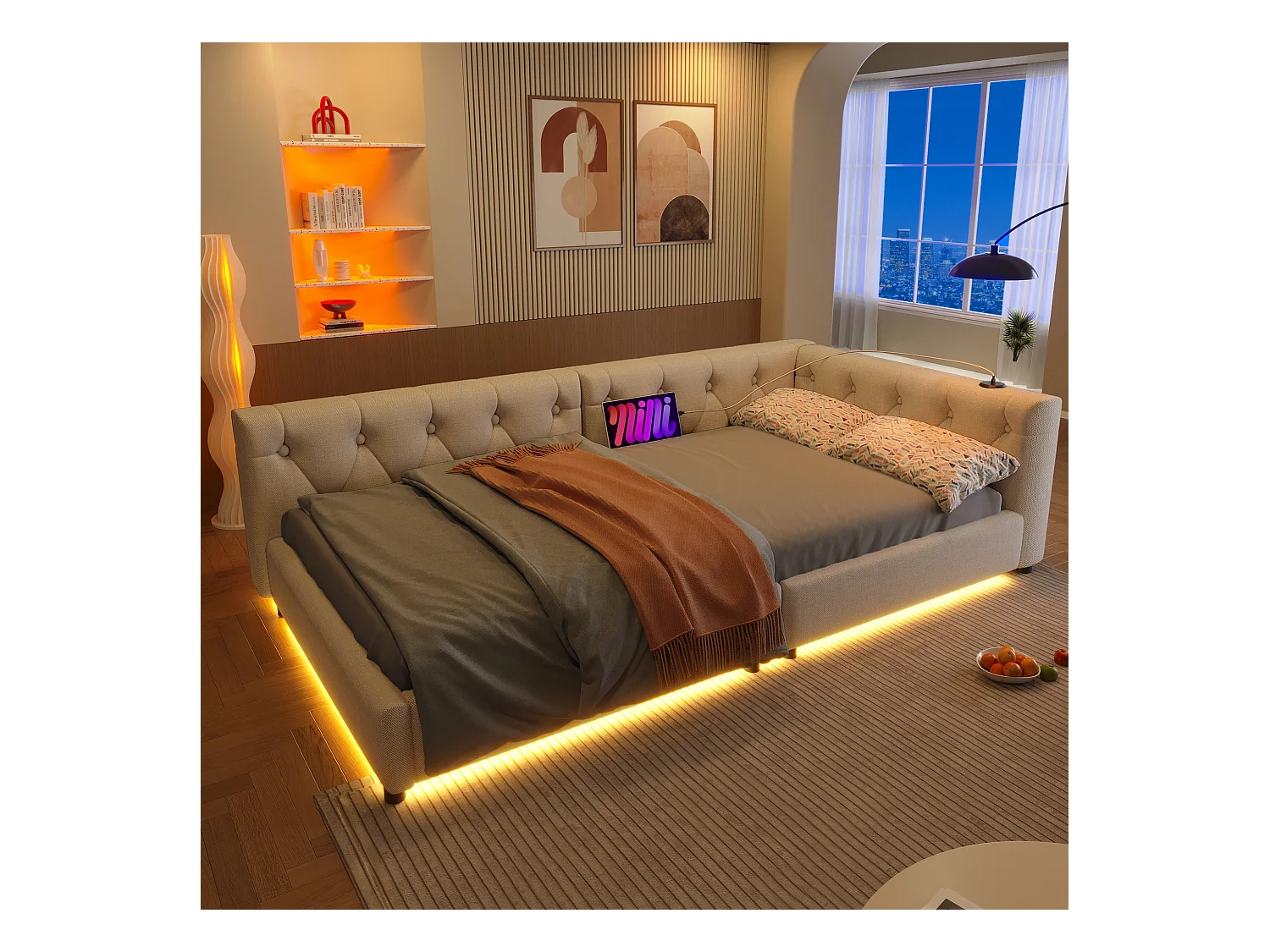 Canapé-lit design avec éclairage ambiant, lin et MDF, beige, avec ports USB et Type-C (90x200 cm)