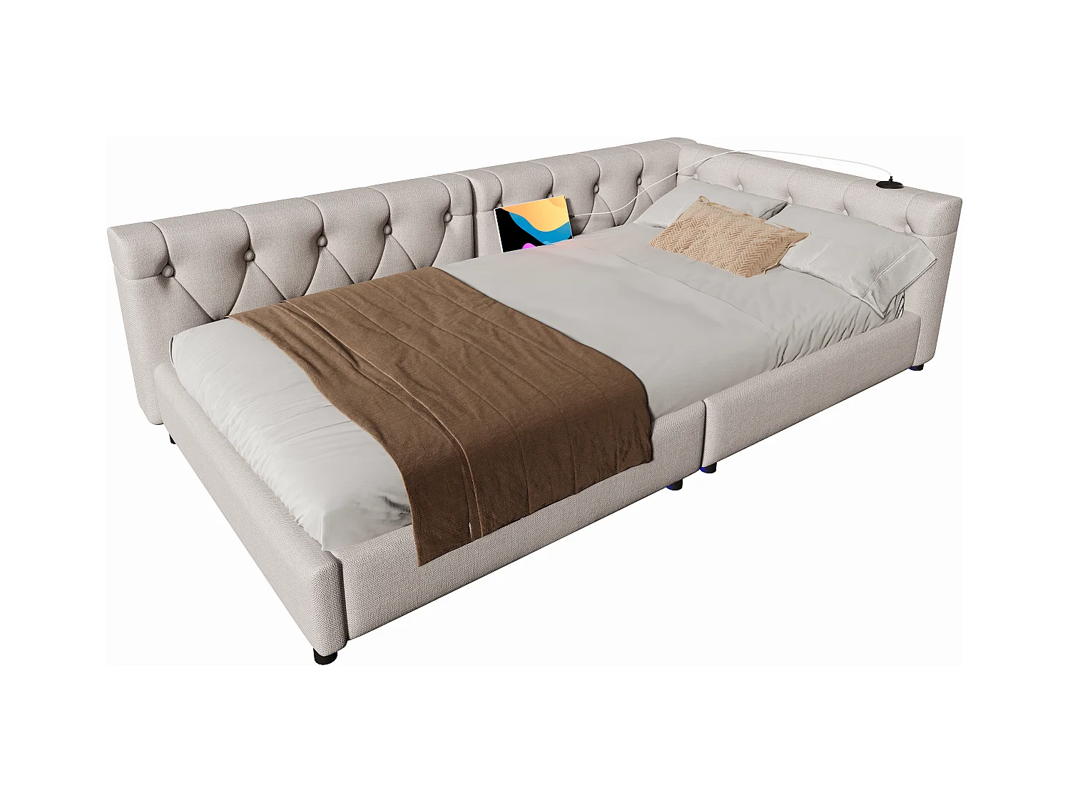 Canapé-lit design avec éclairage ambiant, lin et MDF, beige, avec ports USB et Type-C (90x200 cm)