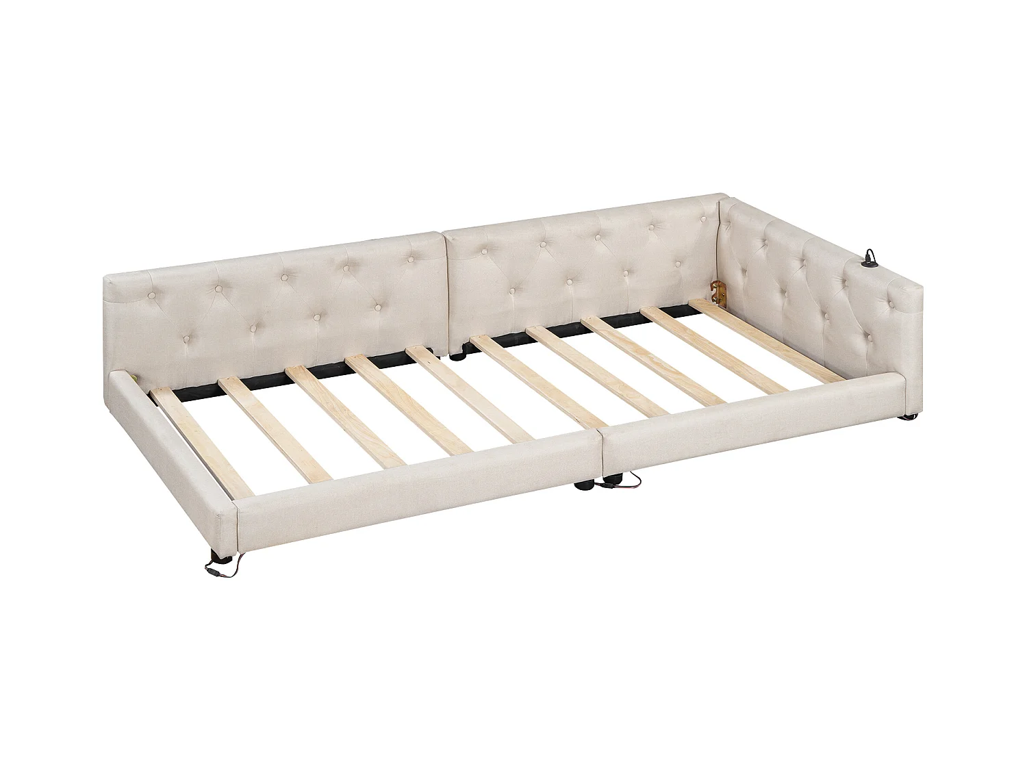 Canapé-lit design avec éclairage ambiant, lin et MDF, beige, avec ports USB et Type-C (90x200 cm)