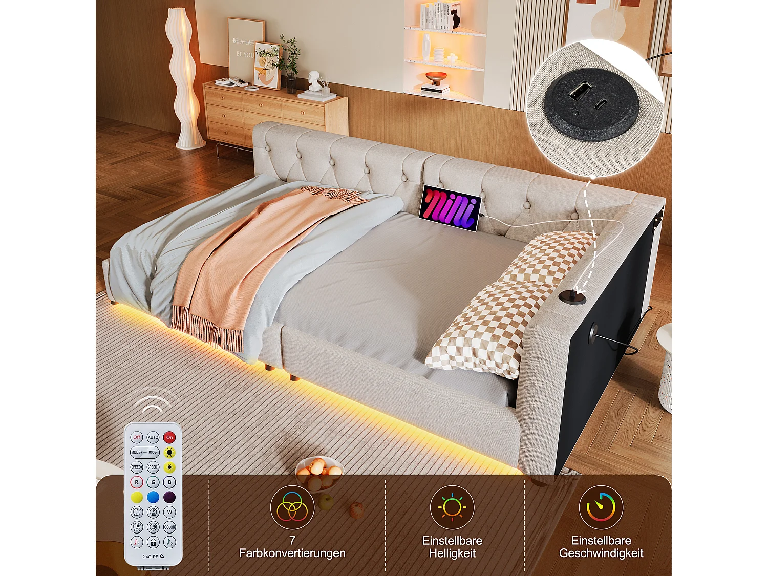 Canapé-lit design avec éclairage ambiant, lin et MDF, beige, avec ports USB et Type-C (90x200 cm)