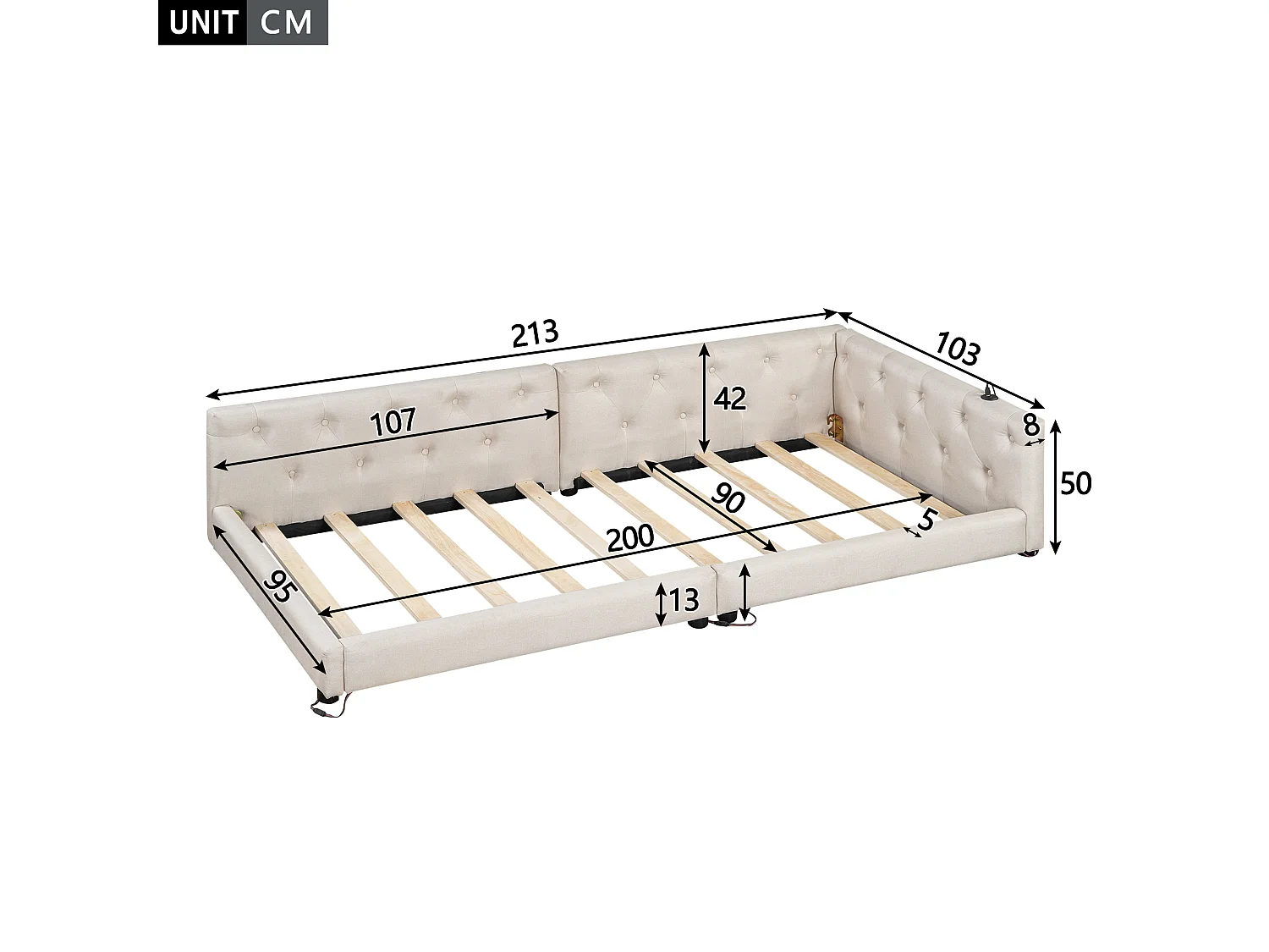 Canapé-lit design avec éclairage ambiant, lin et MDF, beige, avec ports USB et Type-C (90x200 cm)