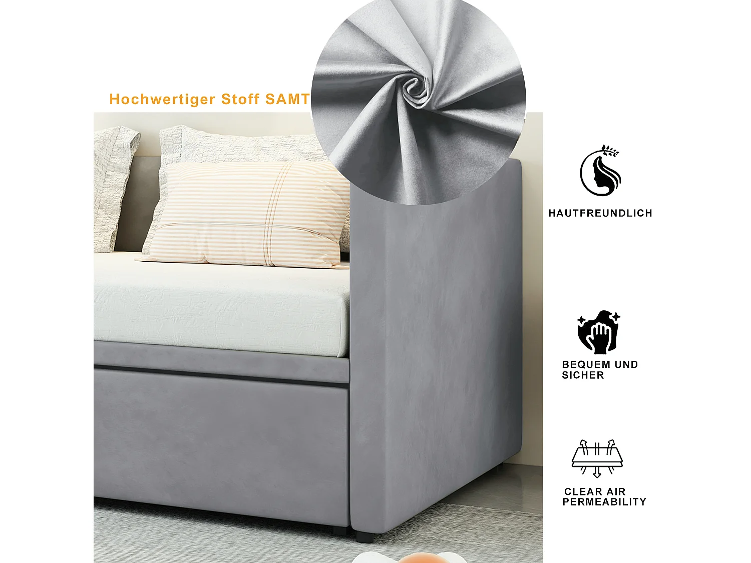 Canapé-lit extensible en velours hypoallergénique, avec sommier à lattes, gris (90x200 cm extensible à 180x200 cm)