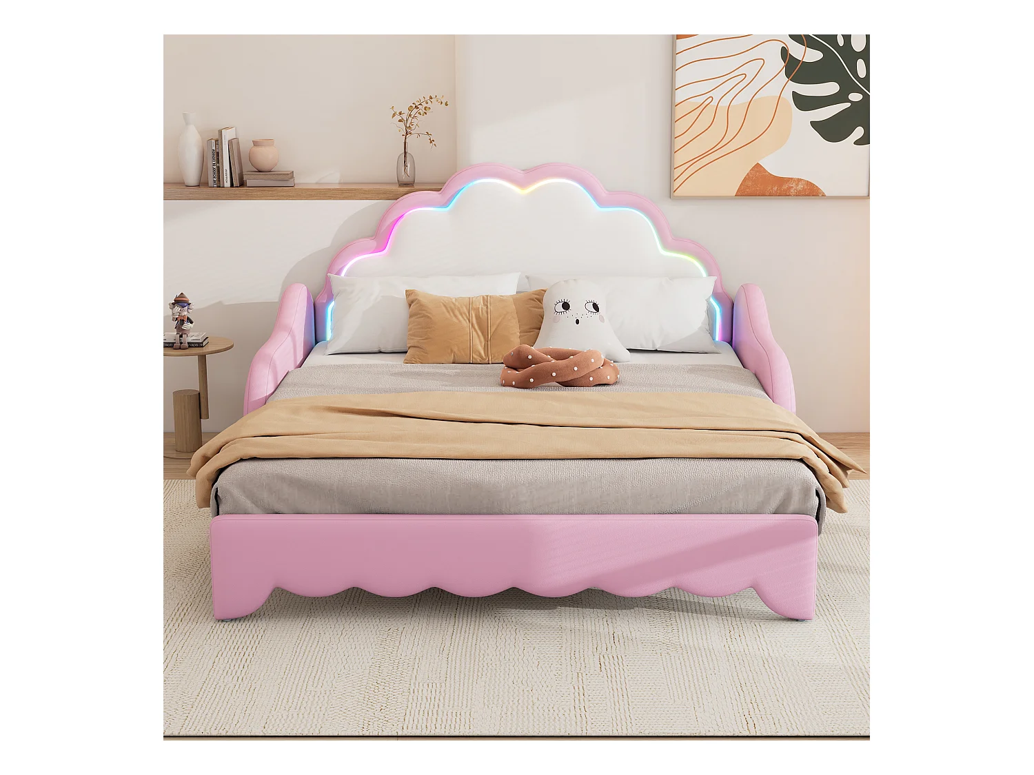 Divano letto trasformabile 2 in 1 con testiera LED telecomandata, PU, rosa (140x200 cm)