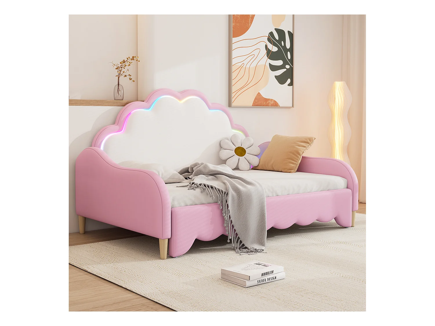 Divano letto trasformabile 2 in 1 con testiera LED telecomandata, PU, rosa (140x200 cm)