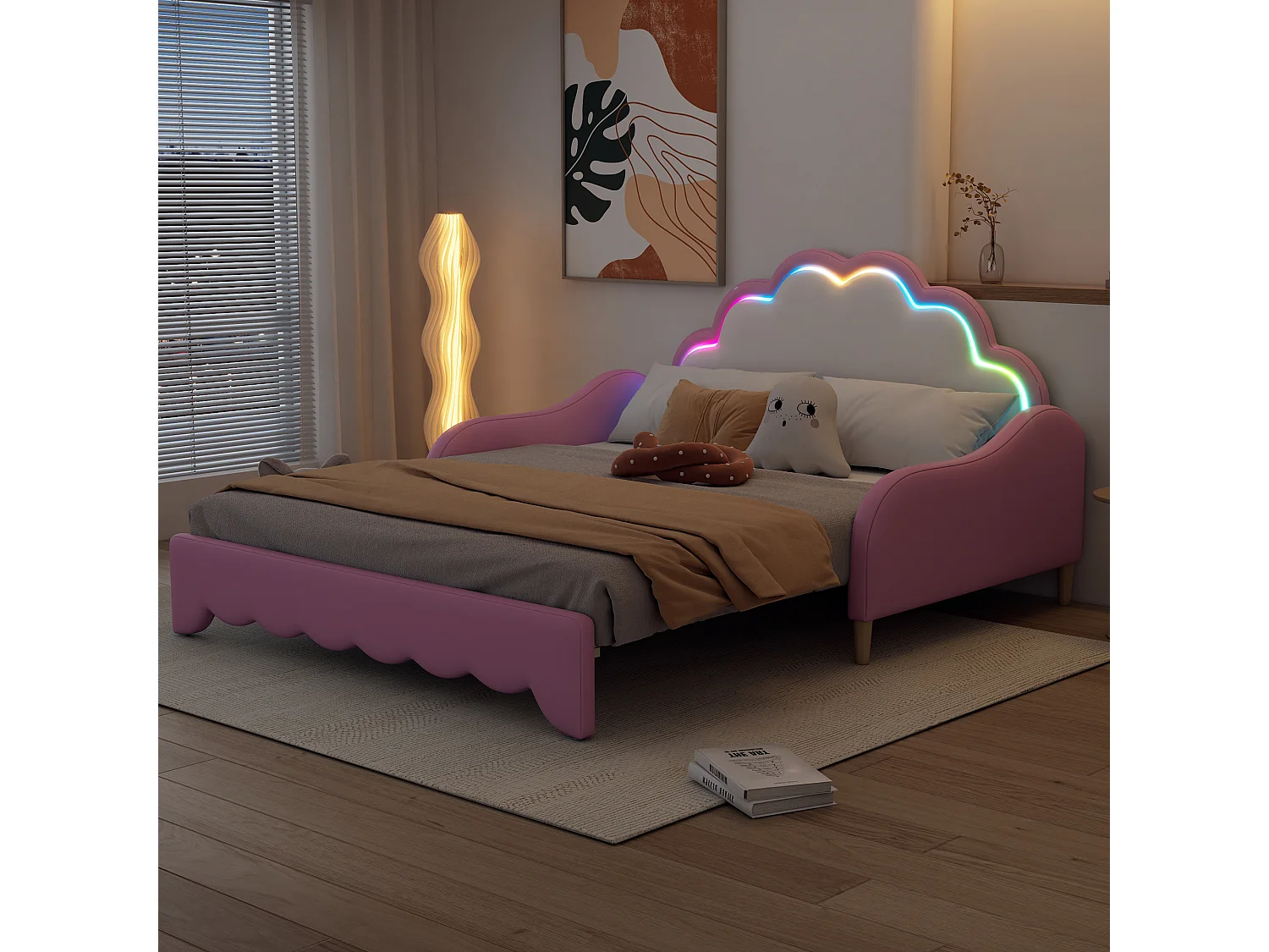 Divano letto trasformabile 2 in 1 con testiera LED telecomandata, PU, rosa (140x200 cm)