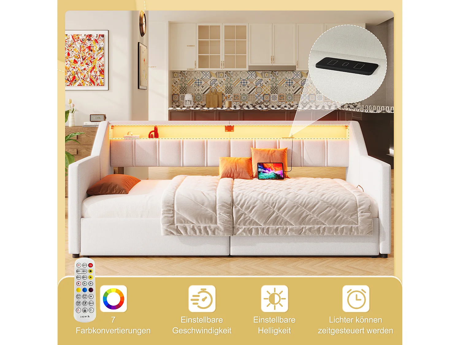 Canapé-lit convertible multifonction, design moderne avec LED et ports USB, lin et MDF, beige (90x200x92 cm)