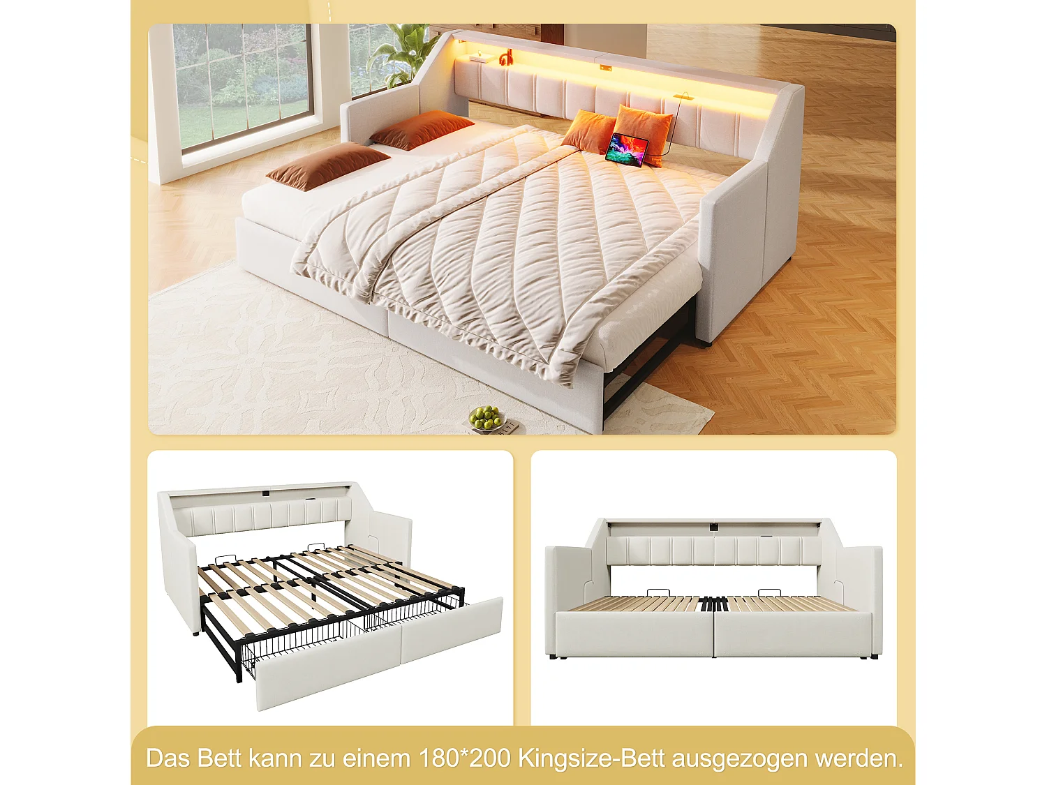 Canapé-lit convertible multifonction, design moderne avec LED et ports USB, lin et MDF, beige (90x200x92 cm)
