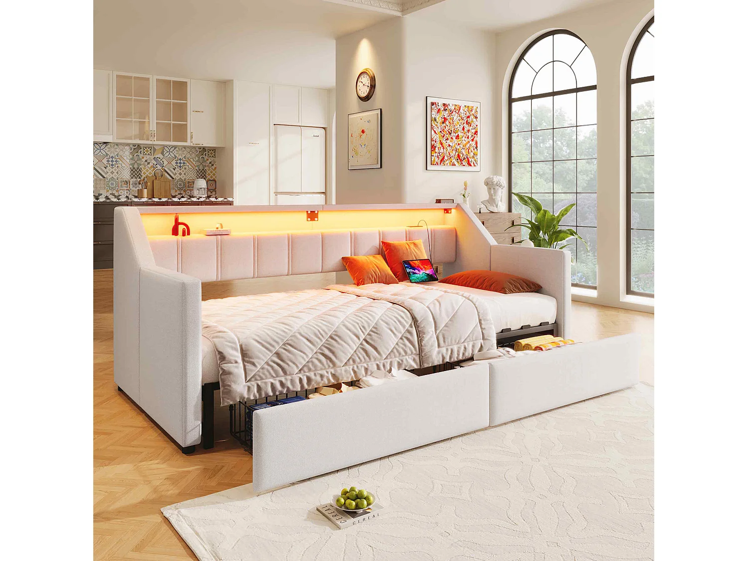 Canapé-lit convertible multifonction, design moderne avec LED et ports USB, lin et MDF, beige (90x200x92 cm)