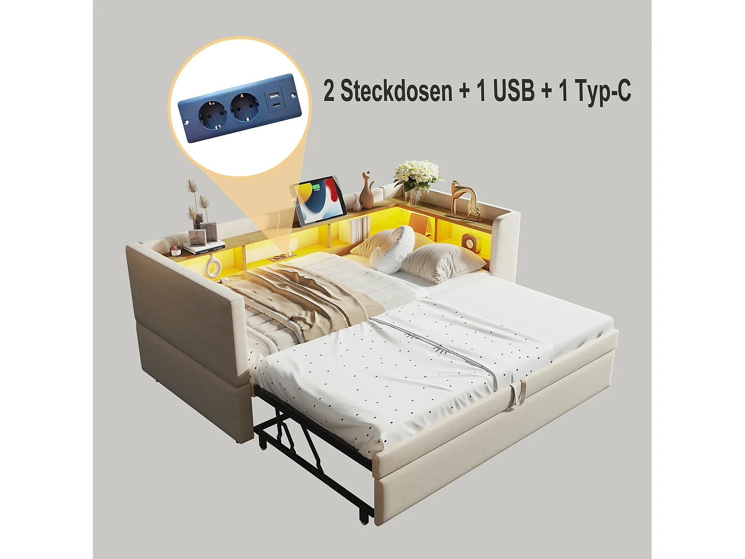 Canapé-lit convertible extensible avec LED et prises, tissu flanelle, beige, multiples rangements (211x199x80 cm)
