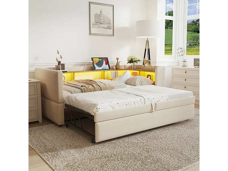 Canapé-lit convertible extensible avec LED et prises, tissu flanelle, beige, multiples rangements (211x199x80 cm)