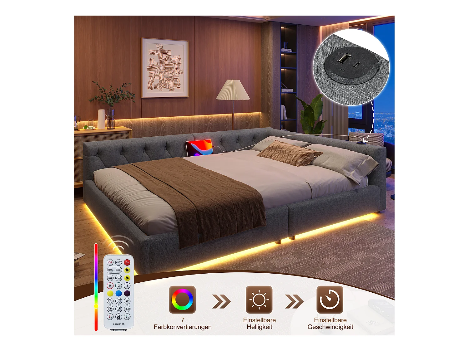 Canapé-lit design, 140x200 cm, avec éclairage ambiant et ports USB/Type-C, lin, gris (213x153x50 cm)