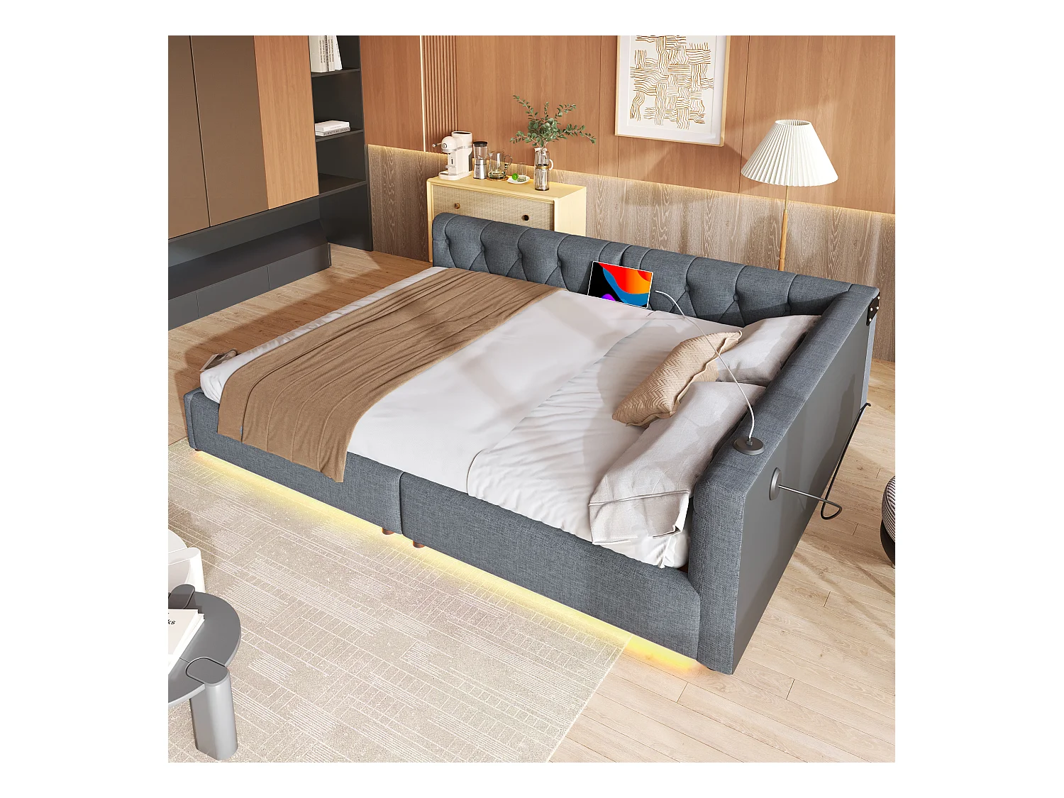 Canapé-lit design, 140x200 cm, avec éclairage ambiant et ports USB/Type-C, lin, gris (213x153x50 cm)