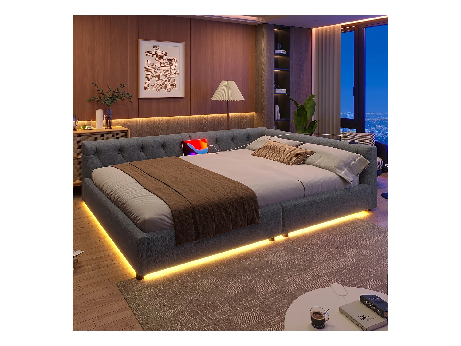 Canapé-lit design, 140x200 cm, avec éclairage ambiant et ports USB/Type-C, lin, gris (213x153x50 cm)