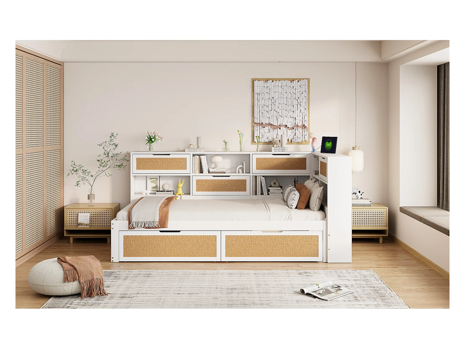 Canapé-lit multifonction en bois massif avec tiroirs, rangements intégrés et prises de charge, blanc (90x200x92 cm)